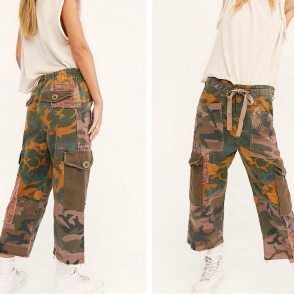 Free People Camo Patchwork Cargo Pants in Olive Green & Brown